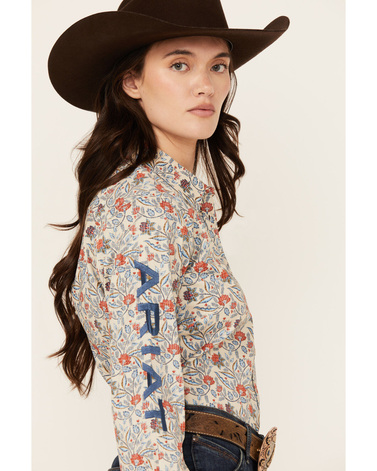 Image #2 - Ariat Women's Boot Barn Exclusive Team Kirby Floral Print Long Sleeve Button-Down Western Shirt, Beige, hi-res