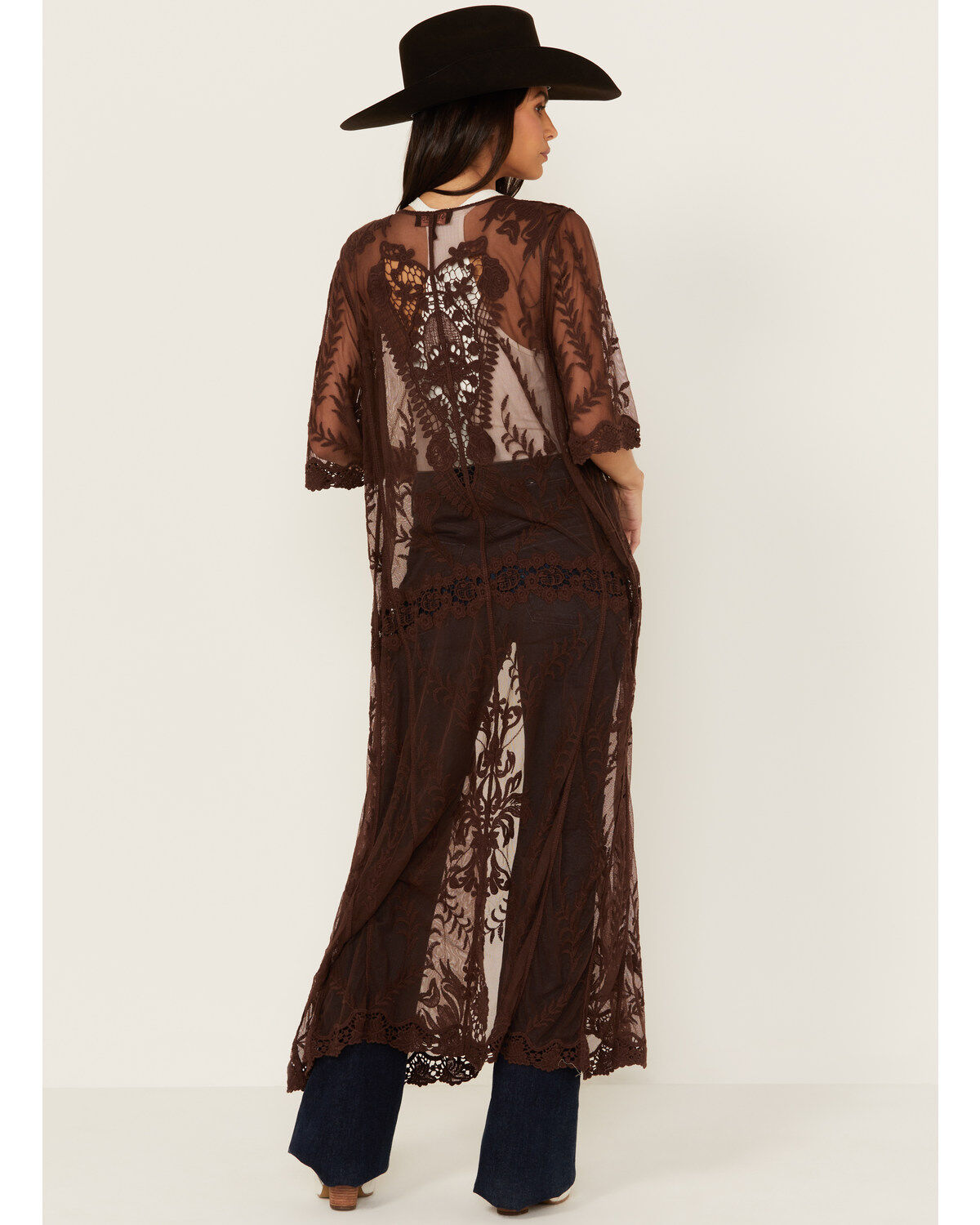Image #4 - Shyanne Women's Long Knit Lace Kimono, Dark Brown, hi-res