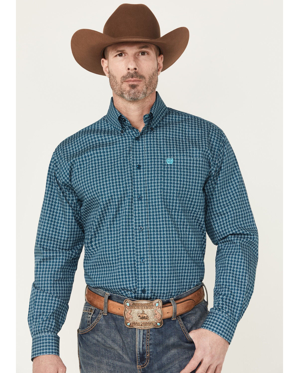 Cinch Men's Geo Print Long Sleeve Button-Down Western Shirt, Blue, hi-res