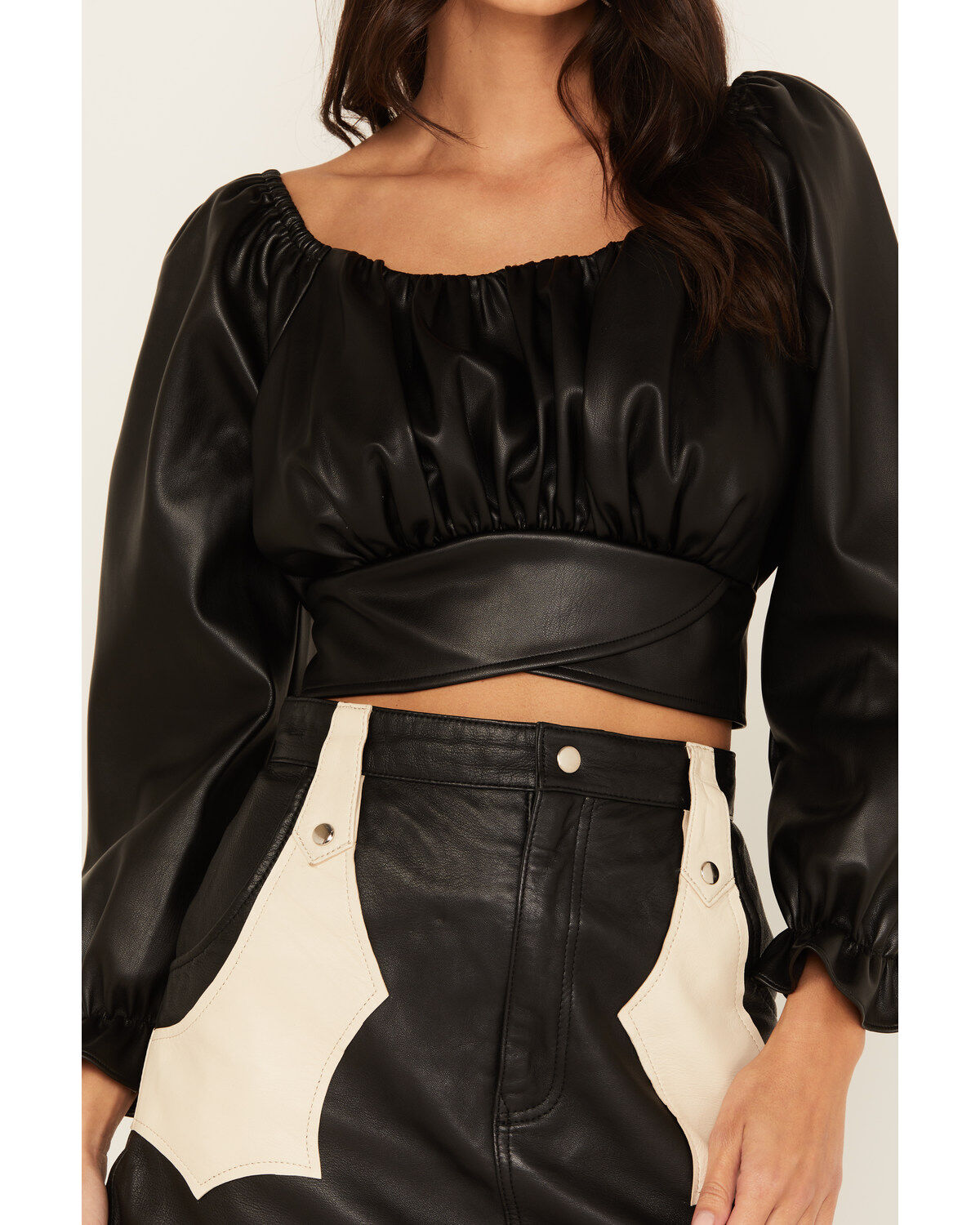 Image #3 - Beyond The Radar Women's Faux Leather Tie Back Crop Top, Black, hi-res