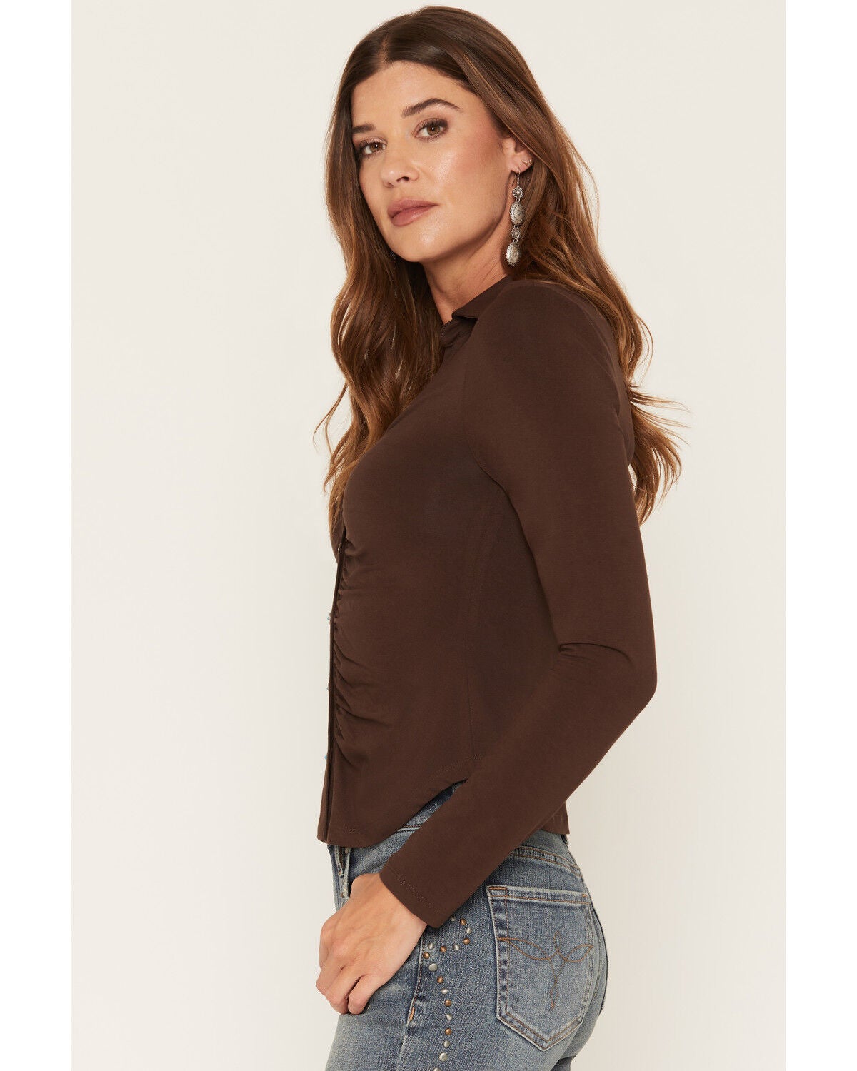 Image #2 - Shyanne Women's Solid Long Sleeve Concho Snap Shirt, Cognac, hi-res