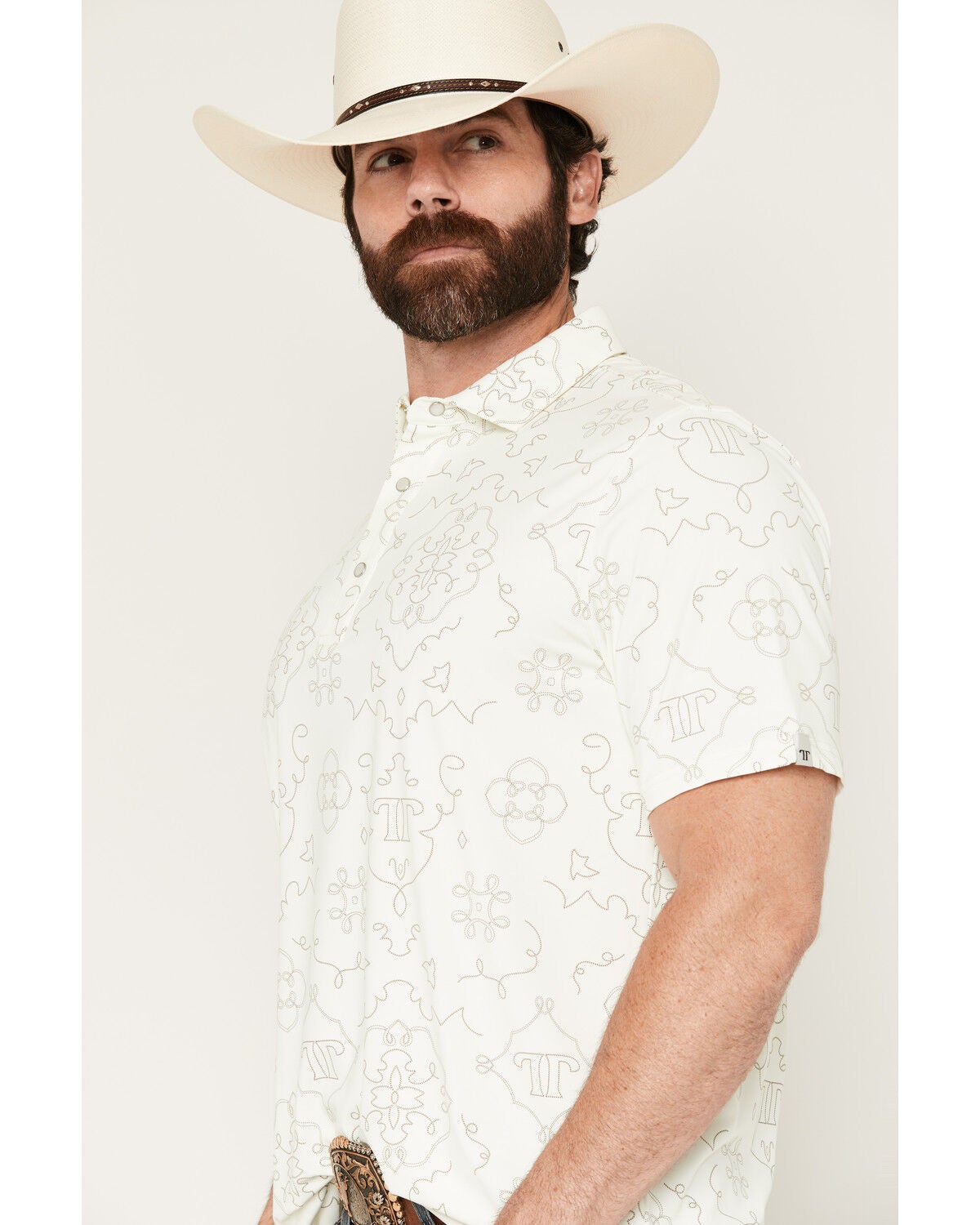 Image #2 - Ferrell Men's Carson Novelty Short Sleeve Snap Stretch Polo Shirt, Cream, hi-res