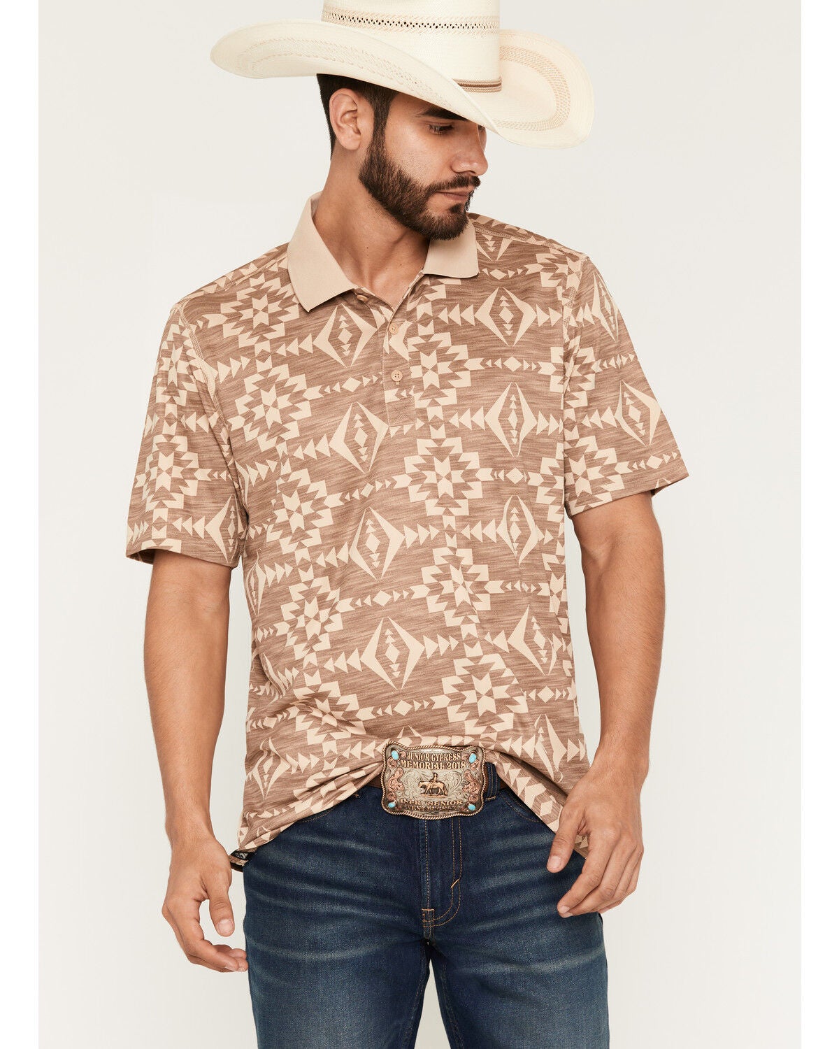 RANK 45&reg; Men's Southwestern Print Short Sleeve Button-Down Polo Shirt, Tan, hi-res