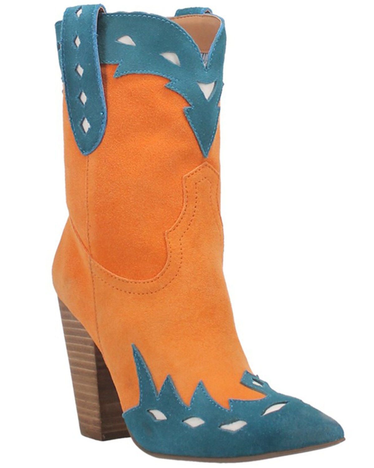 Image #1 - Dingo Women's Spicy Underlay Suede Leather Western Booties - Snip Toe, Orange, hi-res