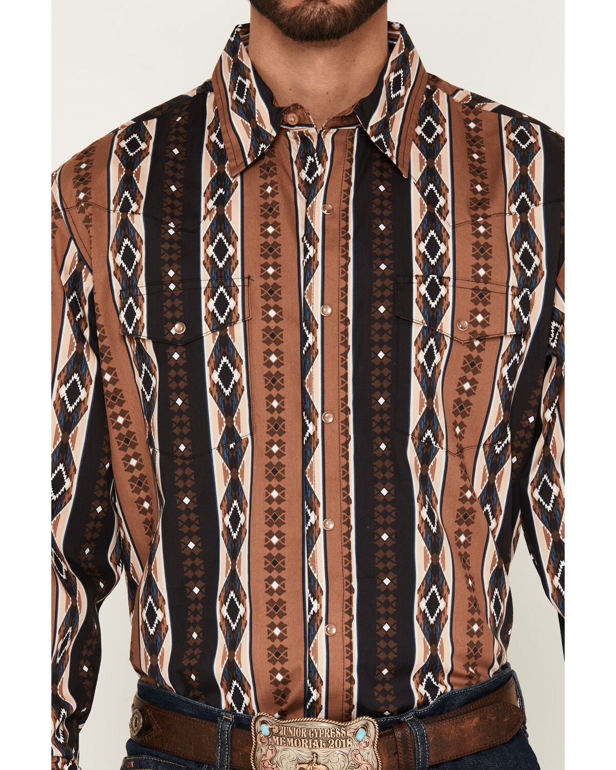 Image #3 - Wrangler Men's Checotah Southwestern Print Long Sleeve Snap Western Shirt, Brown, hi-res