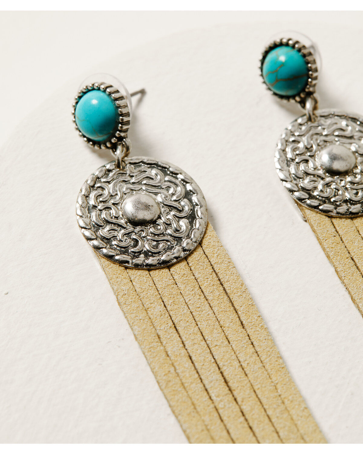 Image #2 - Shyanne Women's Turquoise & Tan Faux Leather Fringe Earrings, Silver, hi-res