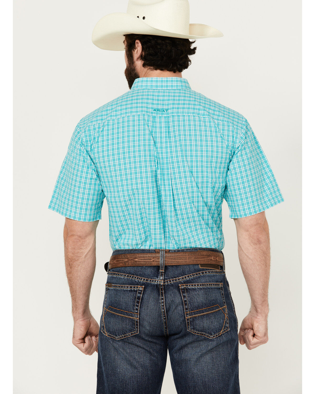 Image #4 - Ariat Men's Jensen Plaid Print Short Sleeve Button-Down Performance Western Shirt, Turquoise, hi-res