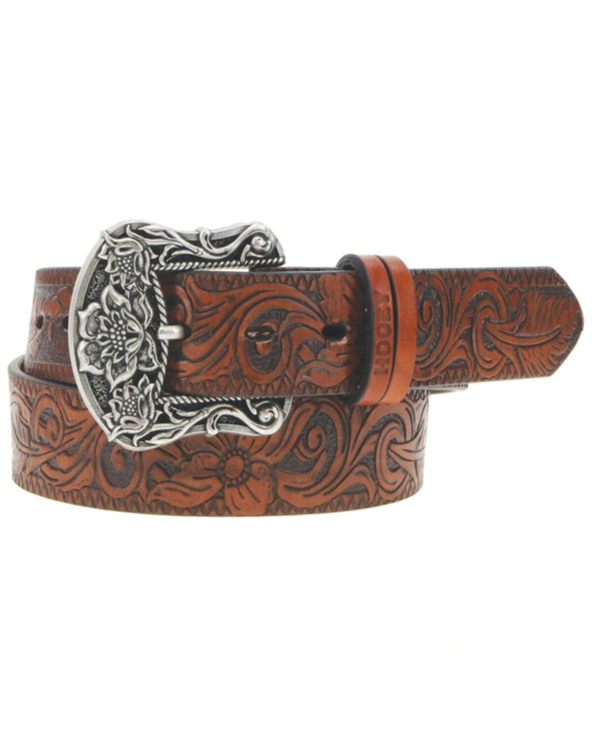 Image #1 - Hooey Women's Original Embossed Floral Filigree Western Belt, Brown, hi-res