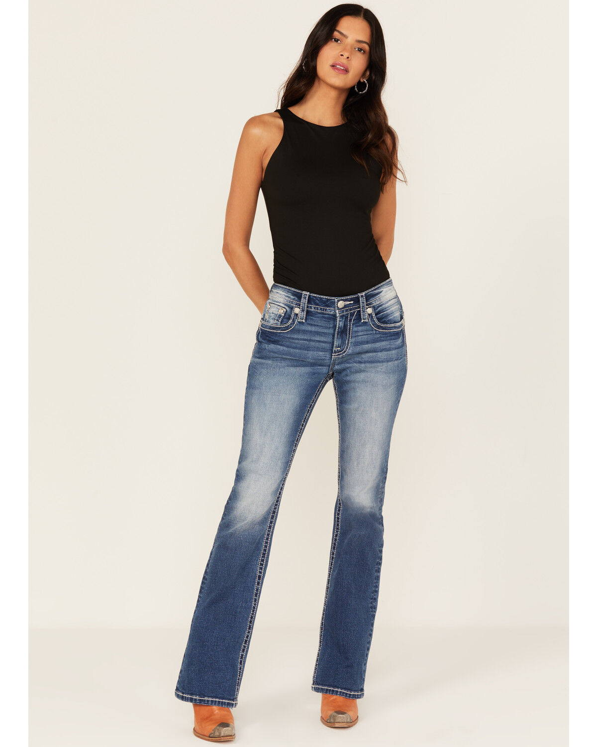 Product Name:  Miss Me Women's Medium Wash Mid Rise Southwestern Print Pocket Bootcut Stretch Denim Jeans
