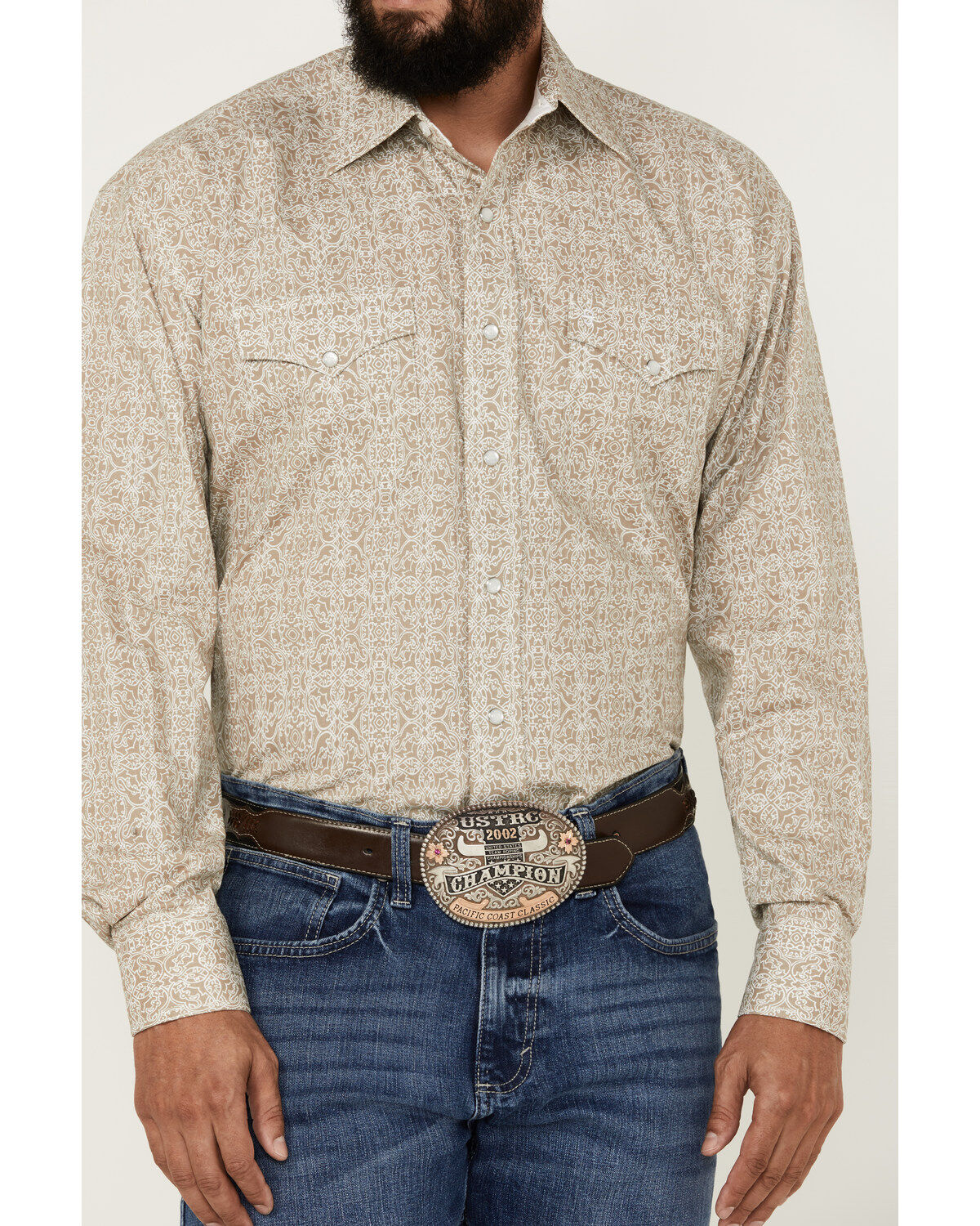 Image #3 - Stetson Men's Medallion Print Long Sleeve Pearl Snap Western Shirt, Beige, hi-res