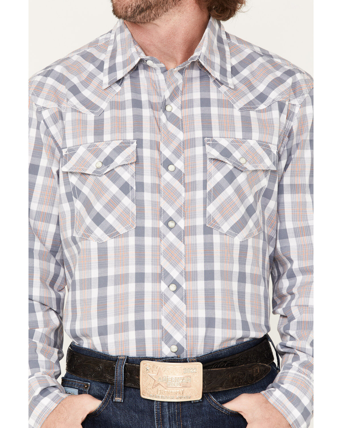 Image #3 - Wrangler 20X Men's Competition Advanced Comfort Small Plaid Print Long Sleeve Snap Shirt, Grey, hi-res