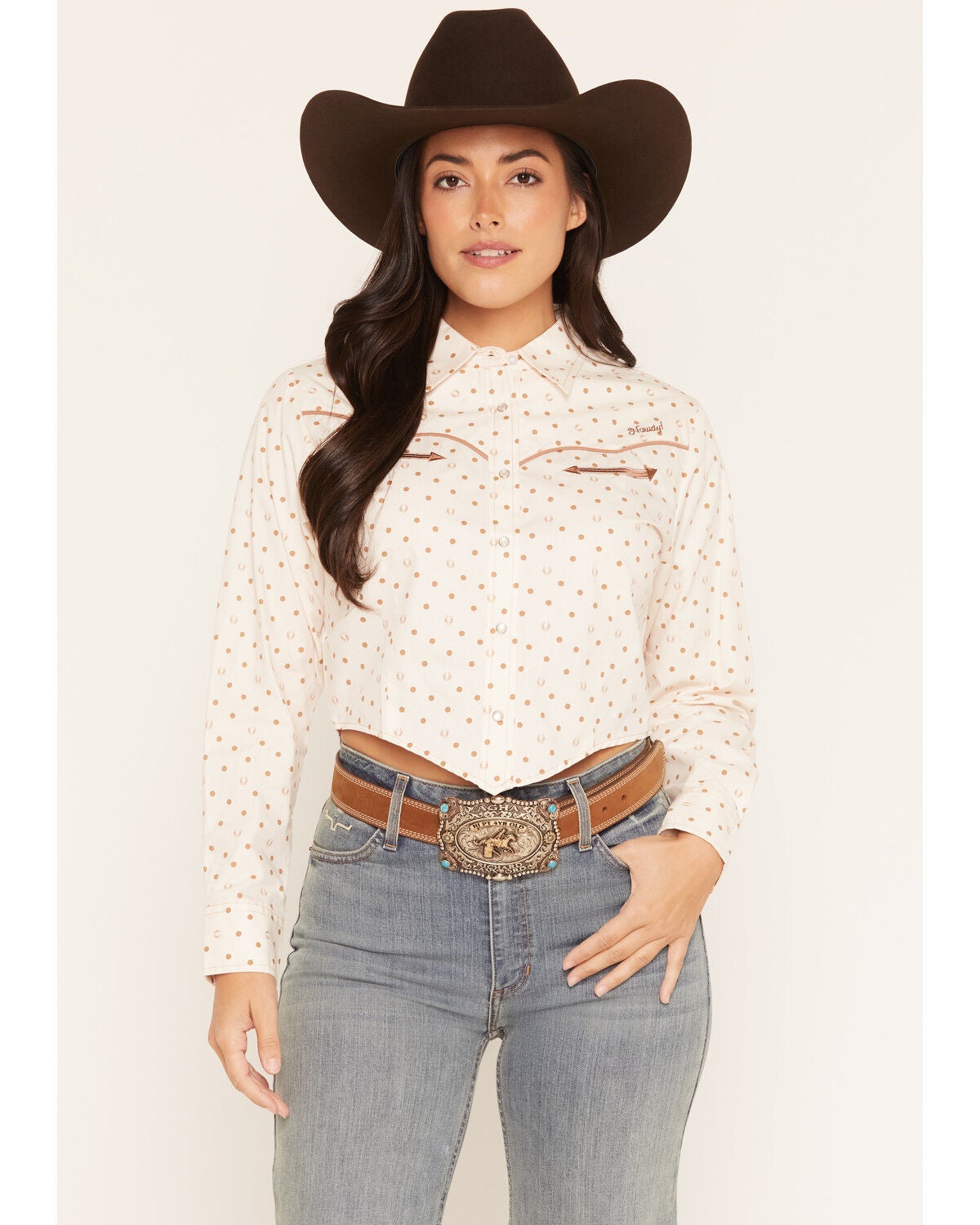 Ely Walker Women's Boot Barn Exclusive Polka Dot Print Long Sleeve Pearl Snap Cropped Western Shirt, Ivory, hi-res