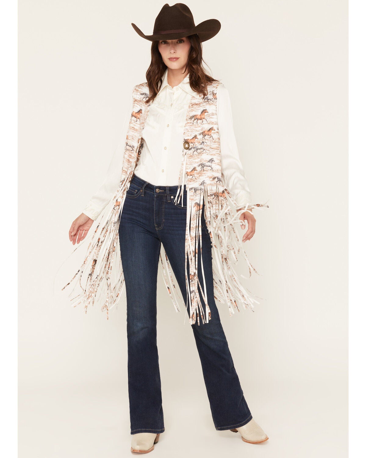 Image #1 - Fornia Women's Boot Barn Exclusive Horse Print Faux Suede Fringe Vest, Multi, hi-res