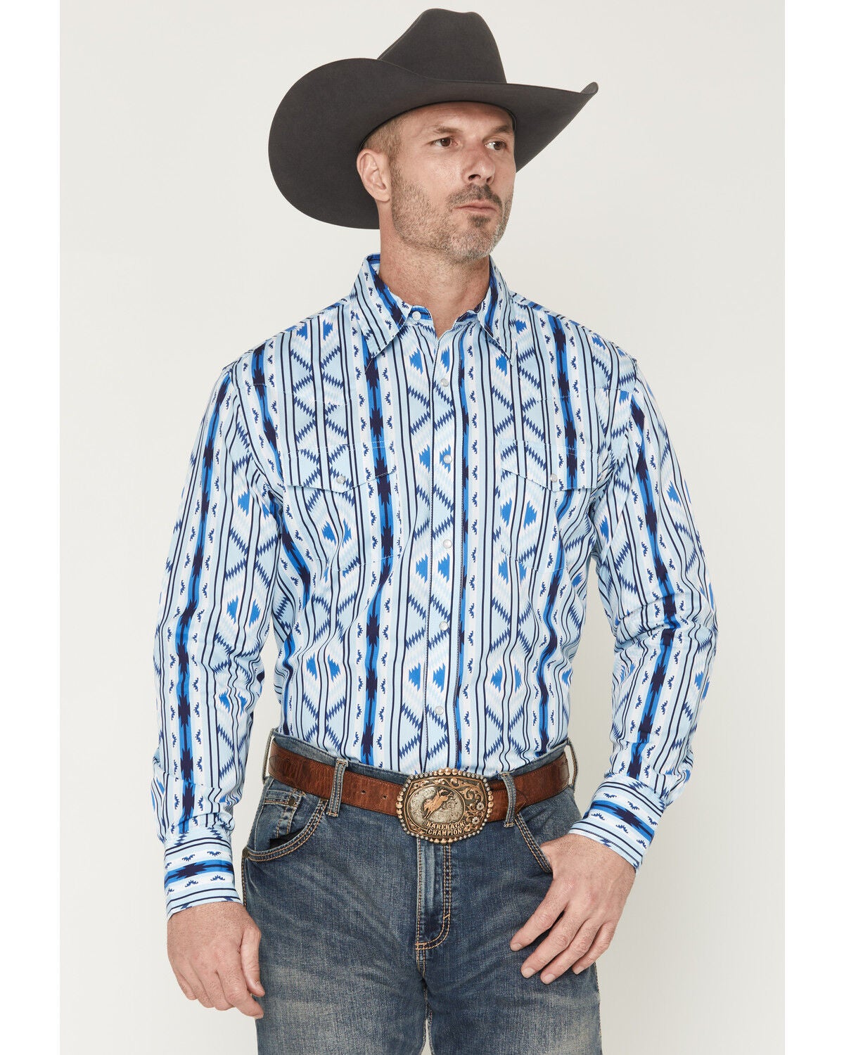 Image #1 - Wrangler Men's Checotah Southwestern Striped Long Sleeve Pearl Snap Western Shirt, Blue, hi-res