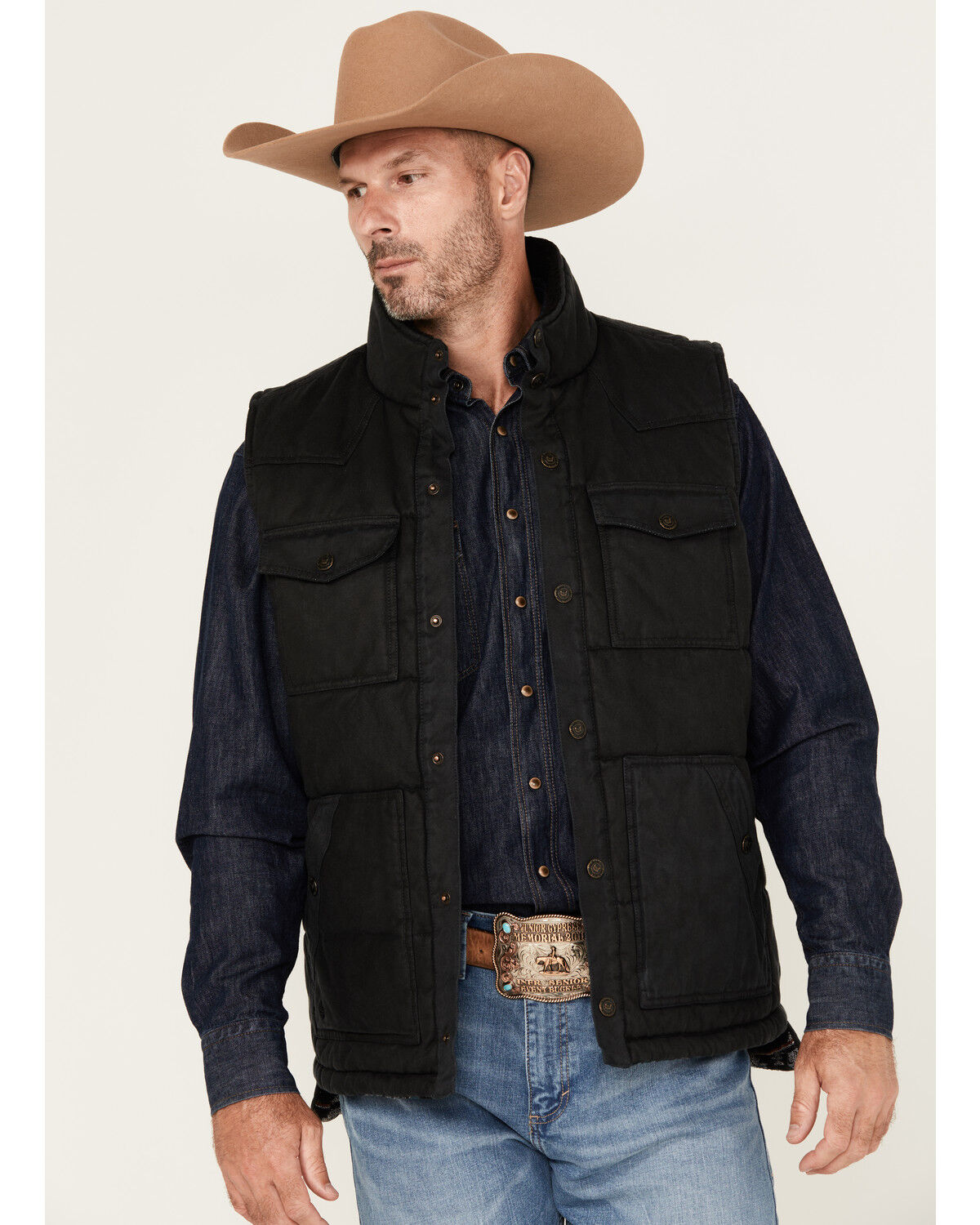 Cody James Men's Quilted Oil Skin Snap Vest, Black, hi-res