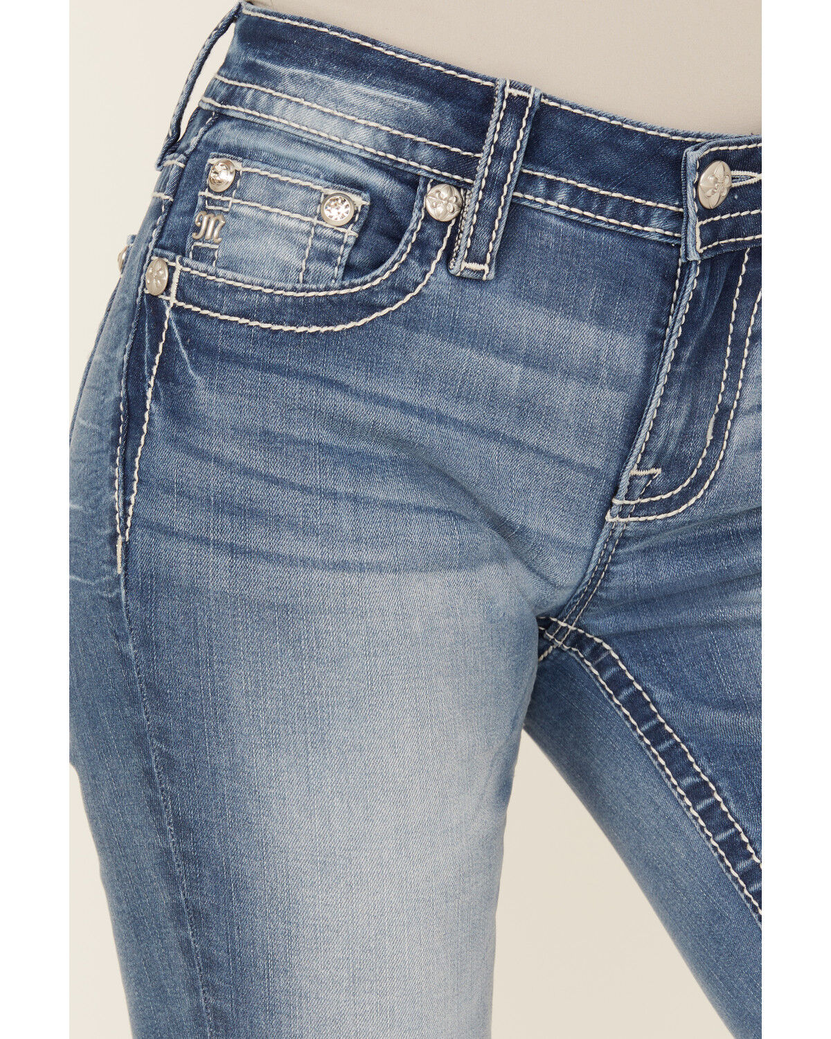 Image #4 - Miss Me Women's Dark Wash Mid Rise Dream Catcher Pocket 32" Bootcut Stretch Denim Jeans, Dark Wash, hi-res