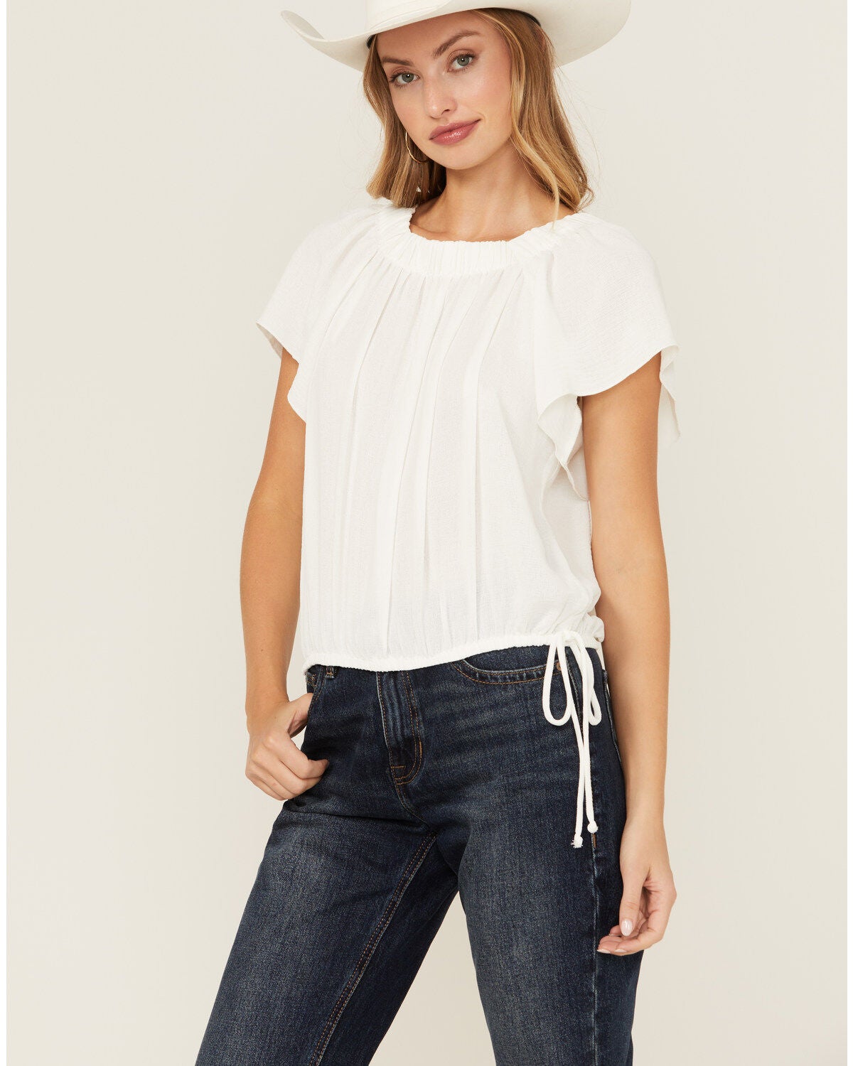 Wild Moss Women's Flutter Sleeve Peasant Top, Ivory, hi-res