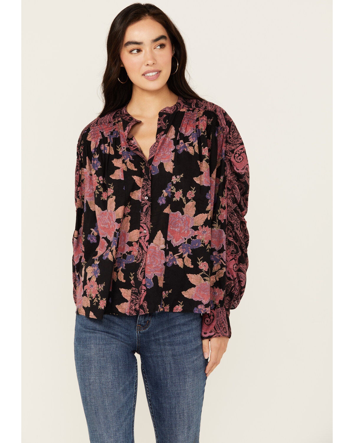 Free People Women's Maraya Floral Printed Top, Black, hi-res