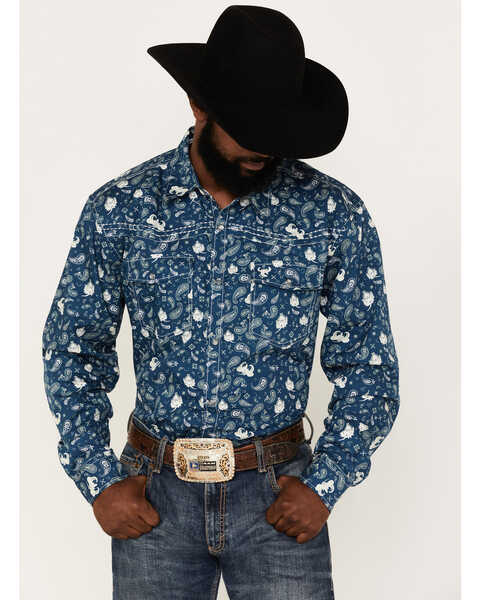 Cowboy Hardware Men's Paisley Print Long Sleeve Pearl Snap Western Shirt, Blue, hi-res