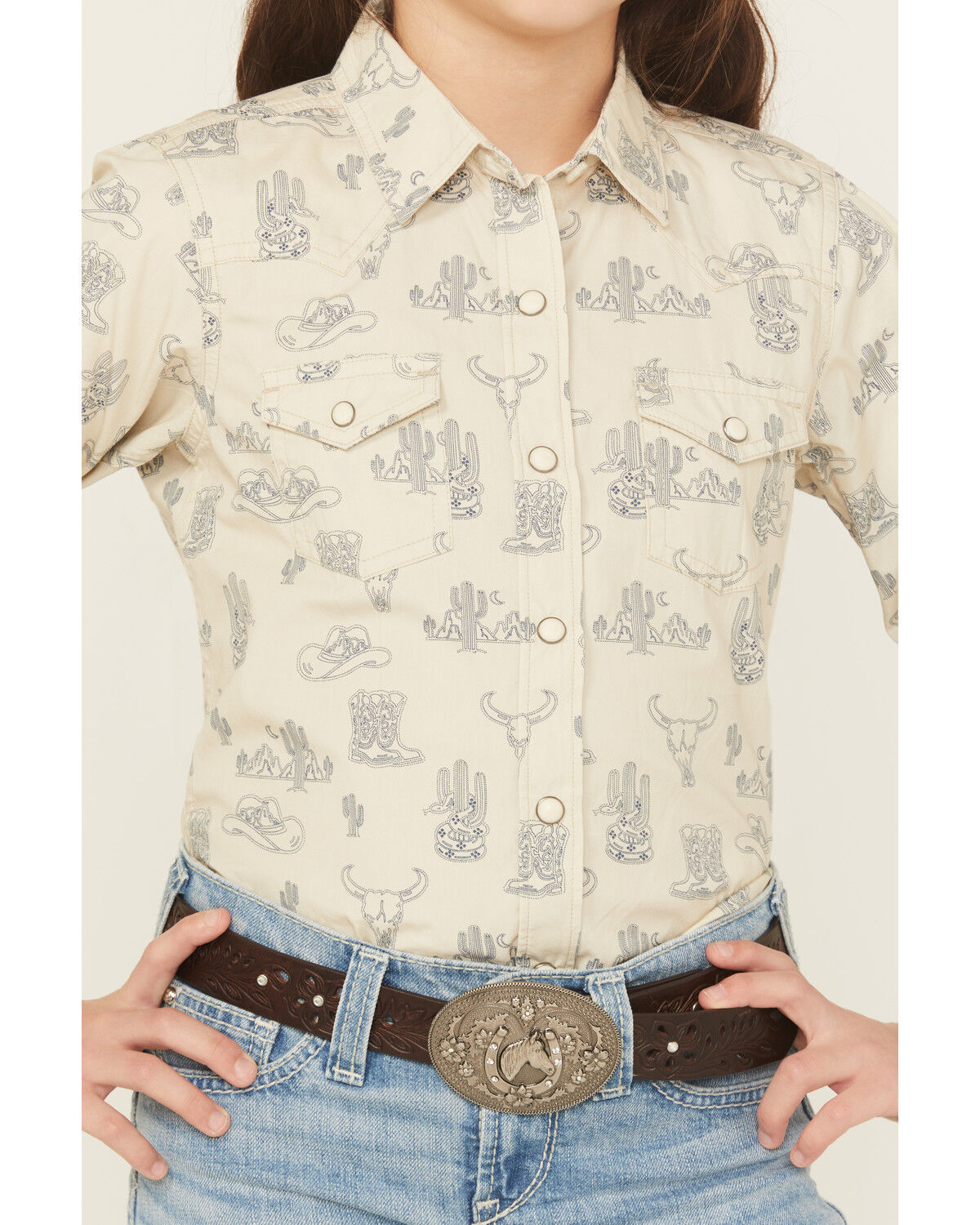 Image #3 - Ariat Girls' Desert Print Long Sleeve Snap Western Shirt, Tan, hi-res