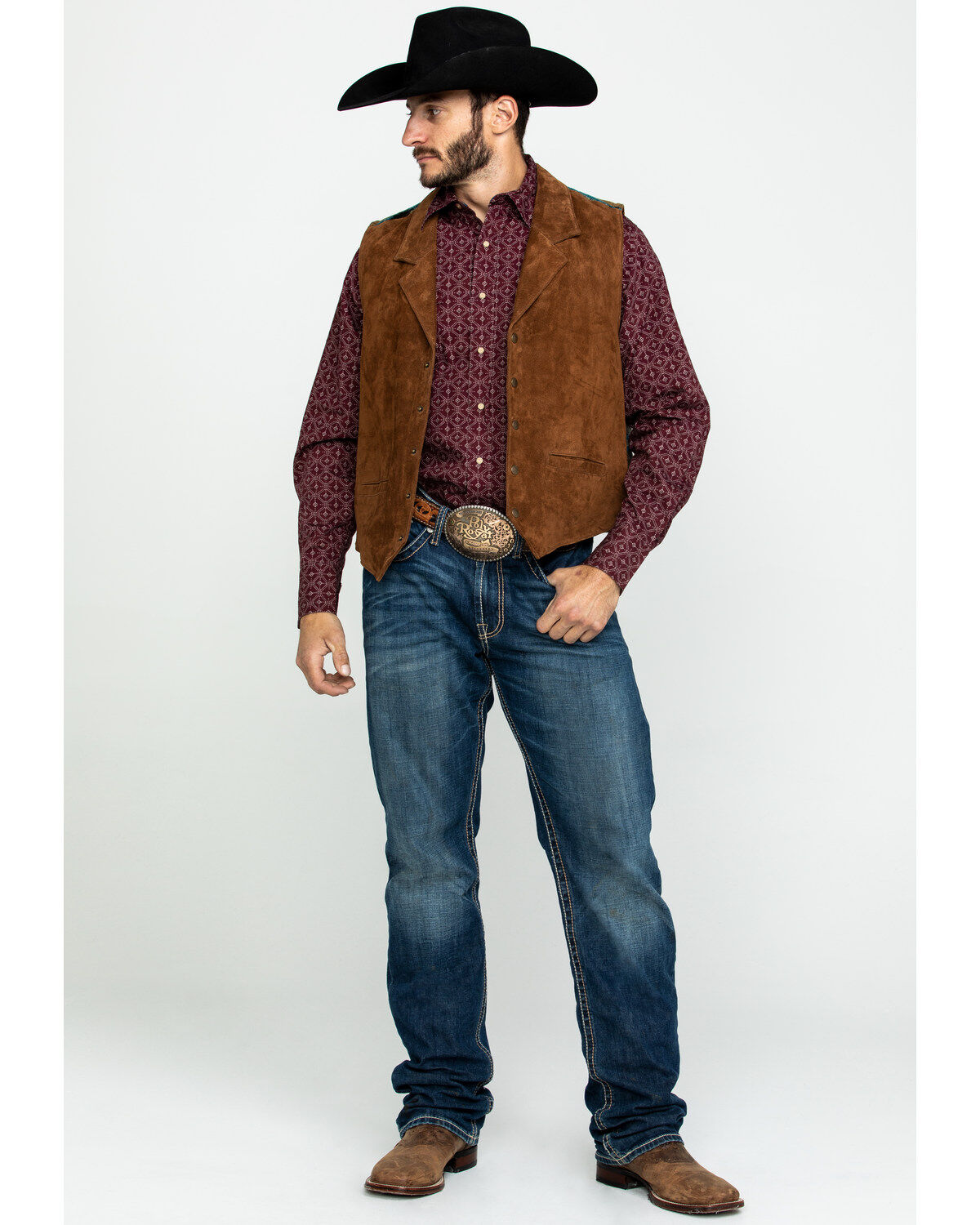 Image #6 - Scully Leatherwear Men's Southwestern Knit Back Suede Vest, Brown, hi-res
