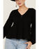 Very J Women's Textured V-Neck Peasant Babydoll Top, Black, hi-res