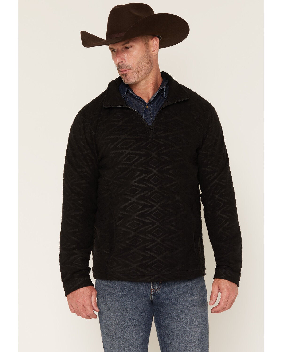 Image #1 - Panhandle Slim Men's Southwestern Print Embossed 1/4 Zip Pullover, Black, hi-res