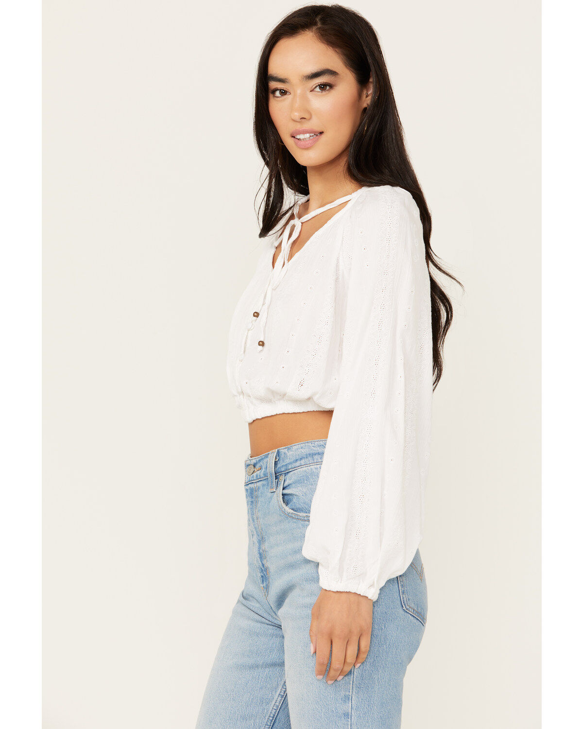 Image #2 - Angie Women's Tie Front Peasant Top, Ivory, hi-res