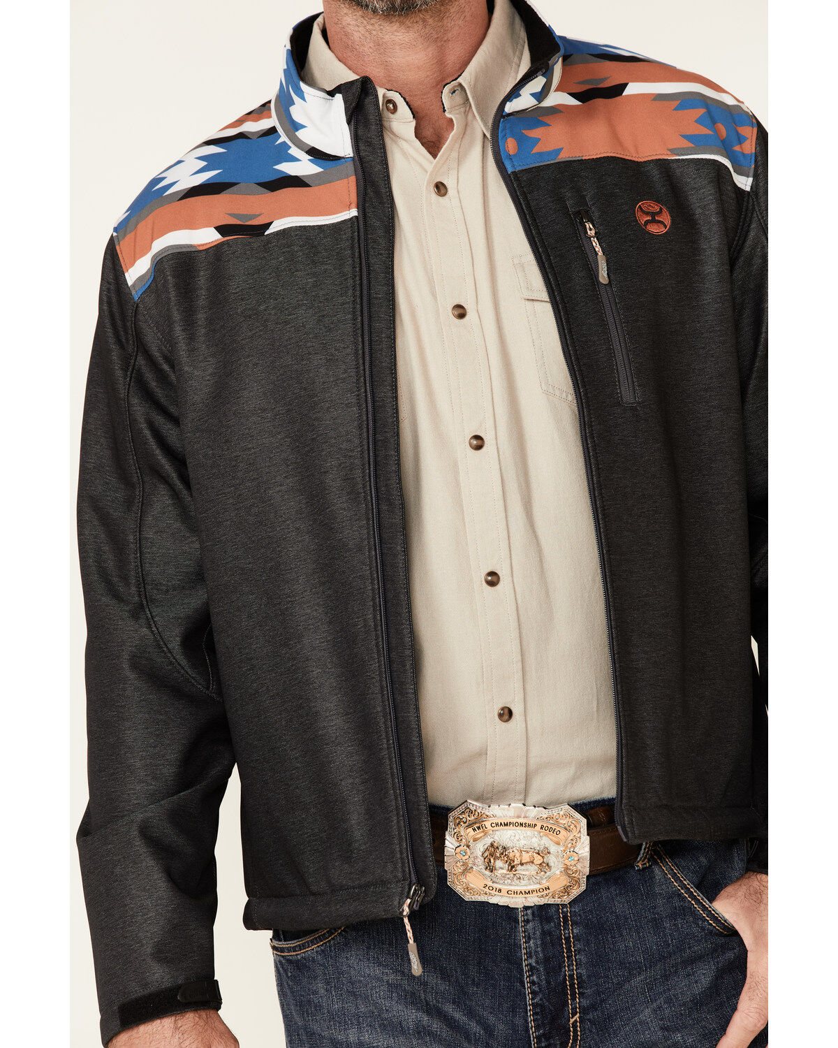 Image #3 - Hooey Men's Southwestern Print Zip-Front Softshell Jacket, Charcoal, hi-res