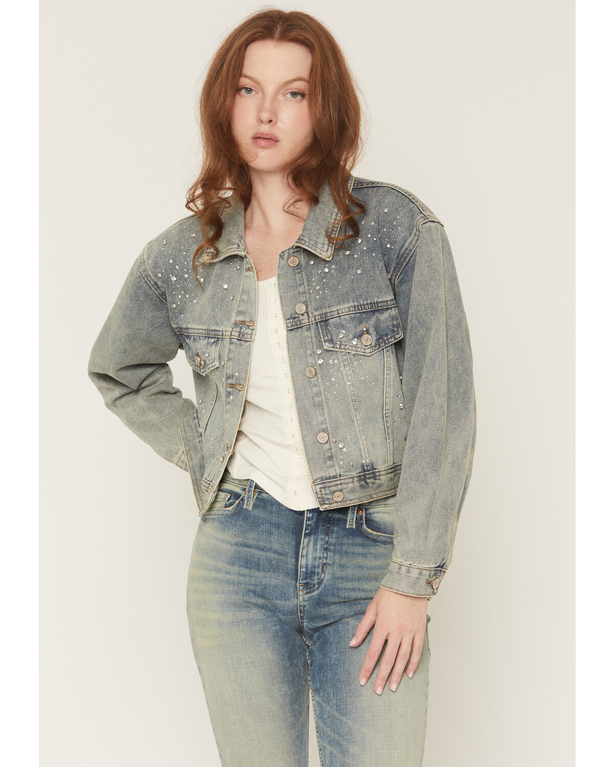 Azalea Wang Women's Medium Wash Rhinestone Button-Down Cropped Denim Jacket, Medium Wash, hi-res
