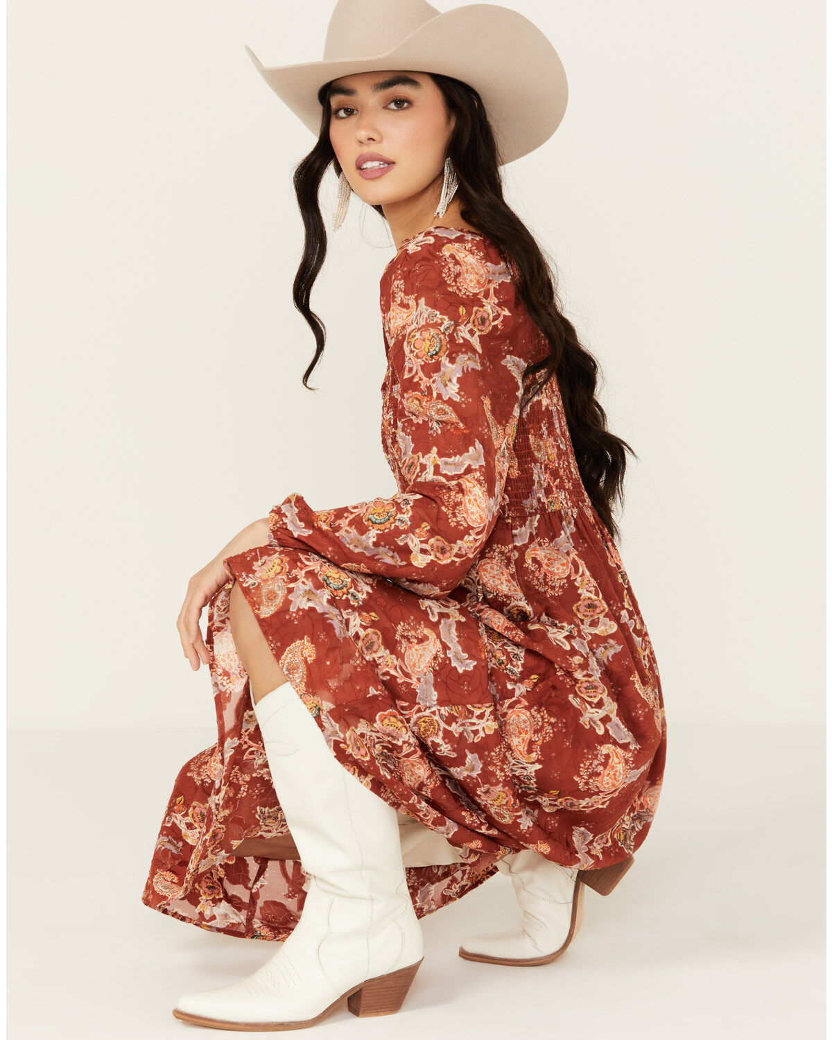 Image #1 - Jolt Women's Long Sleeve Floral Jacquard Chiffon Midi Dress, , hi-res