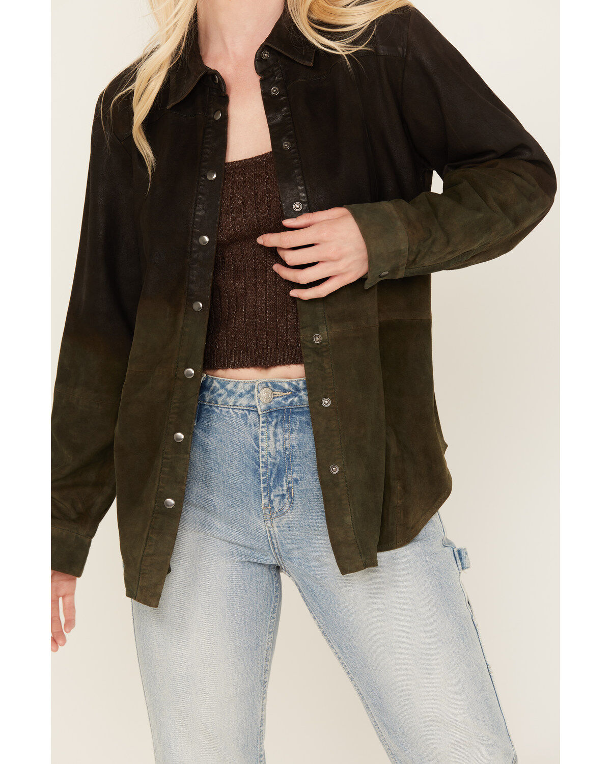 Image #3 - Cleo + Wolf Women's Ombre Suede Snap Up Shacket, Sage, hi-res