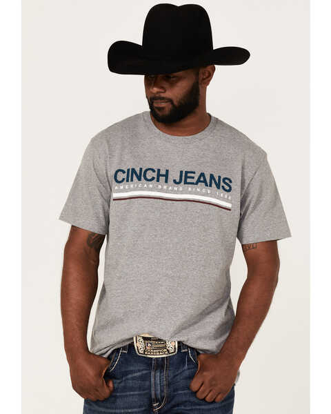 Cinch Men's Logo Jeans Graphic Short Sleeve T-Shirt , Heather Grey, hi-res