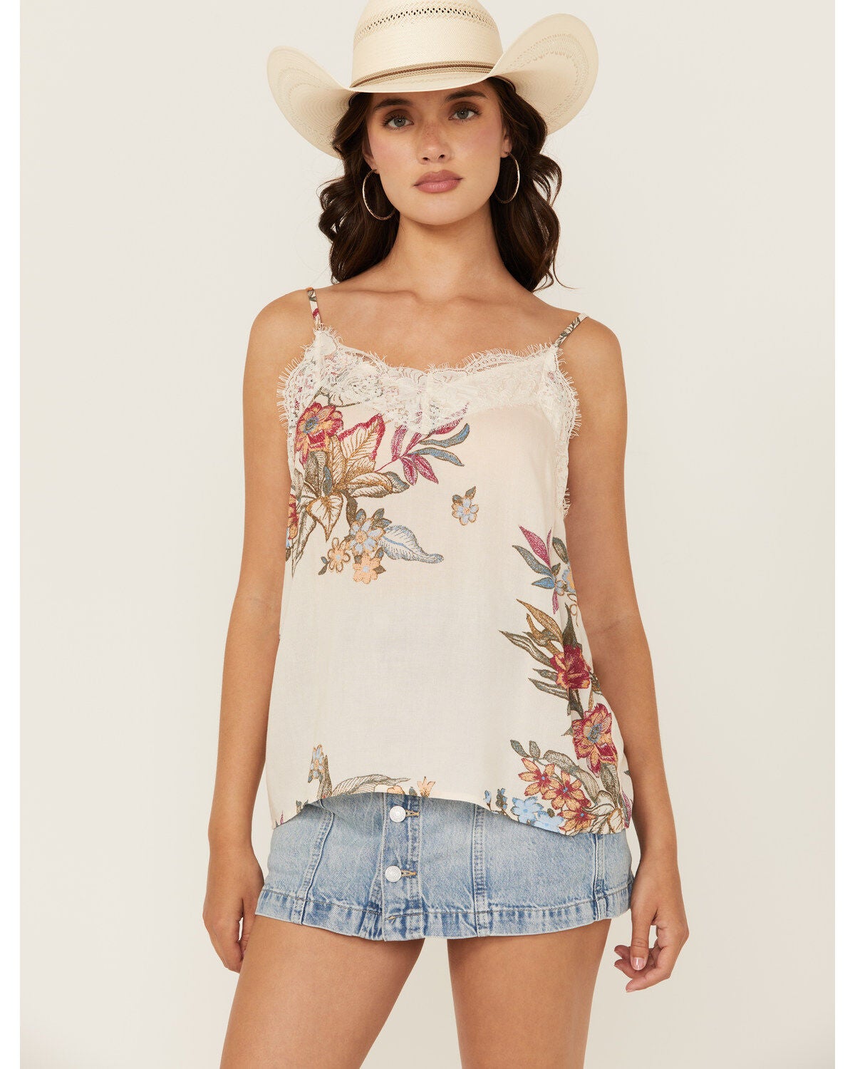 Wild Moss Women's Floral Print Lace Trim Cami Tank Top, Cream, hi-res