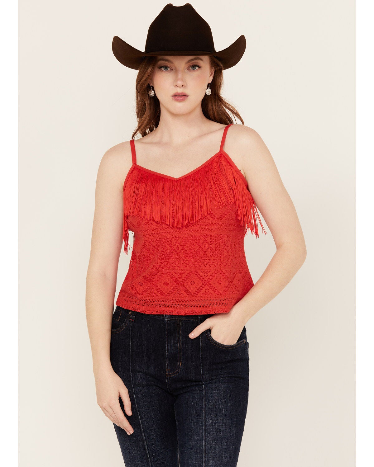 Idyllwind Women's Redmond Lace Fringe Cami, Dark Orange, hi-res