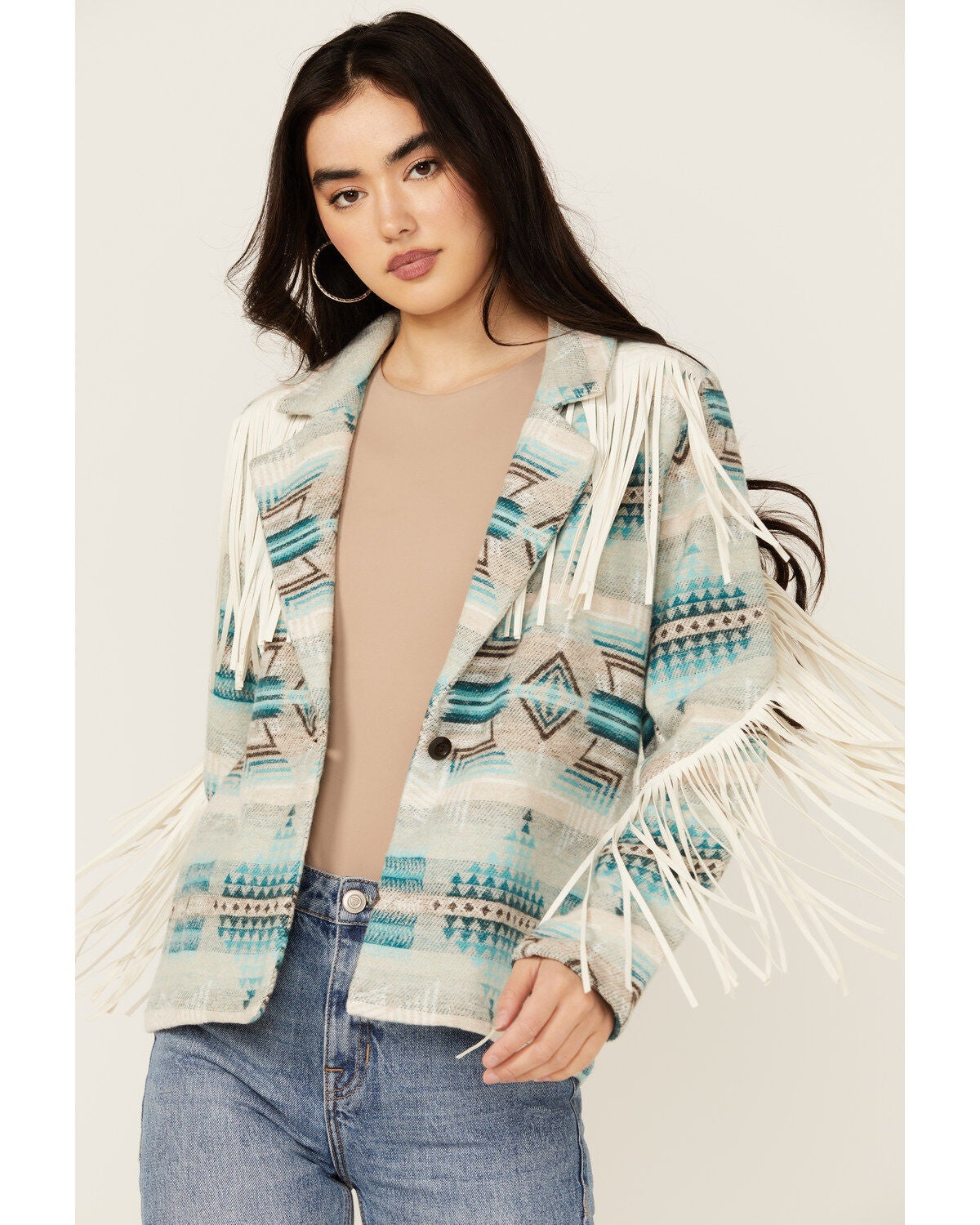 Rock & Roll Denim Women's Southwestern Print Fringe Jacket, Blue, hi-res