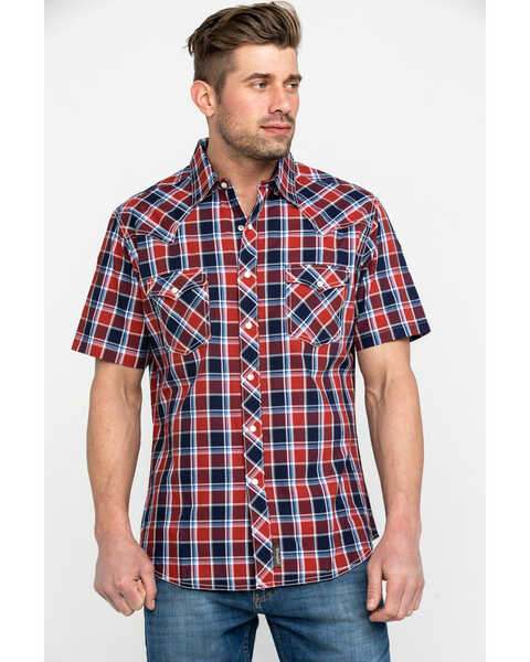 Wrangler Retro Men's Premium Plaid Print Short Sleeve Western Shirt , Navy, hi-res