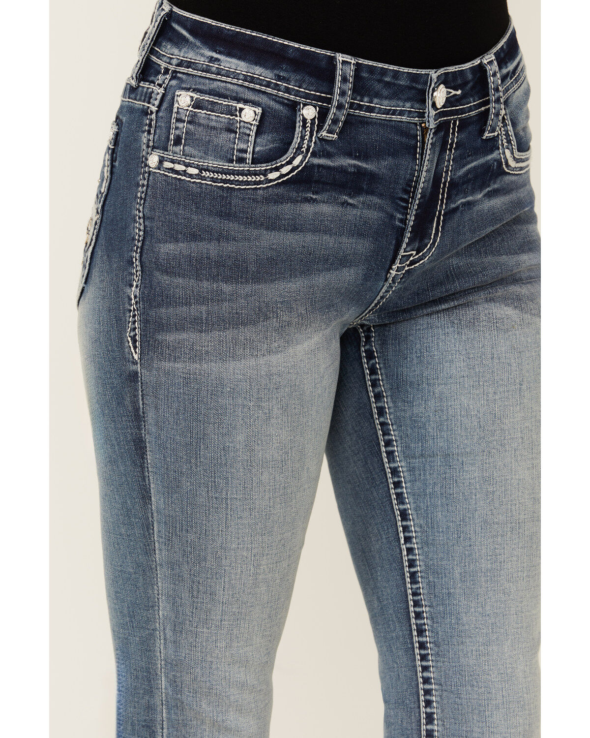 Image #4 - Grace In LA Women's Medium Wash Americana Fleur De Lis Mid Rise Bootcut Stretch Denim Jeans, Medium Wash, hi-res