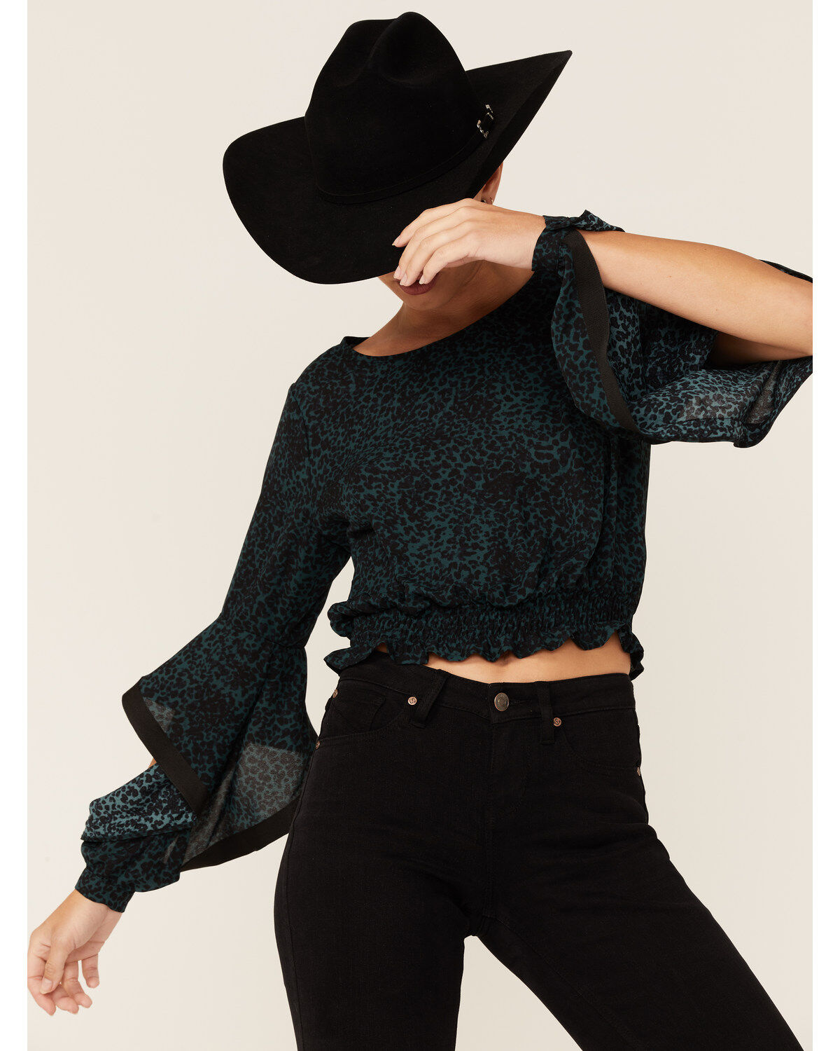 Image #1 - Shyanne Women's Dark Green Animal Print Bell Sleeve Crop Top, Dark Green, hi-res