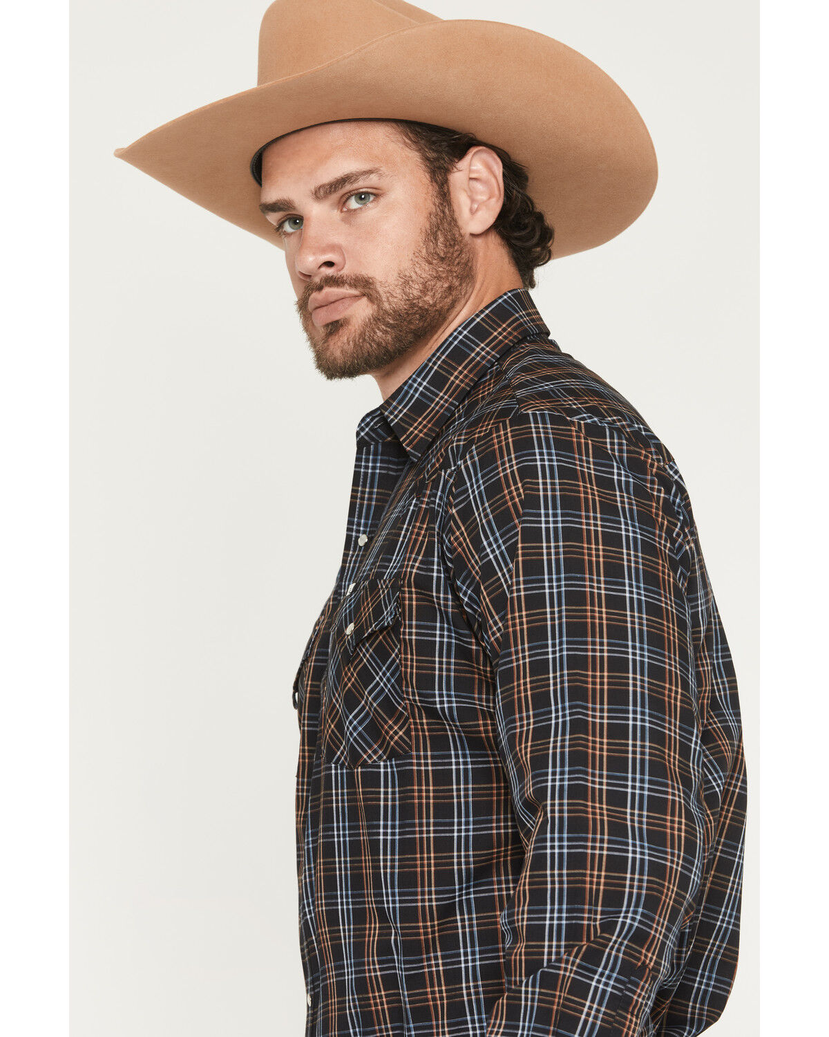 Image #2 - Ely Walker Men's Plaid Print Long Sleeve Sap Western Shirt, Black, hi-res