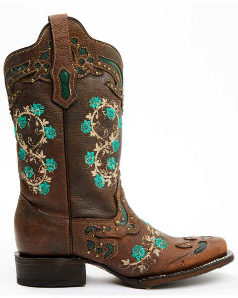 Image #3 - Corral Women's Studded Floral Embroidery Western Boots - Square Toe, Brown, hi-res