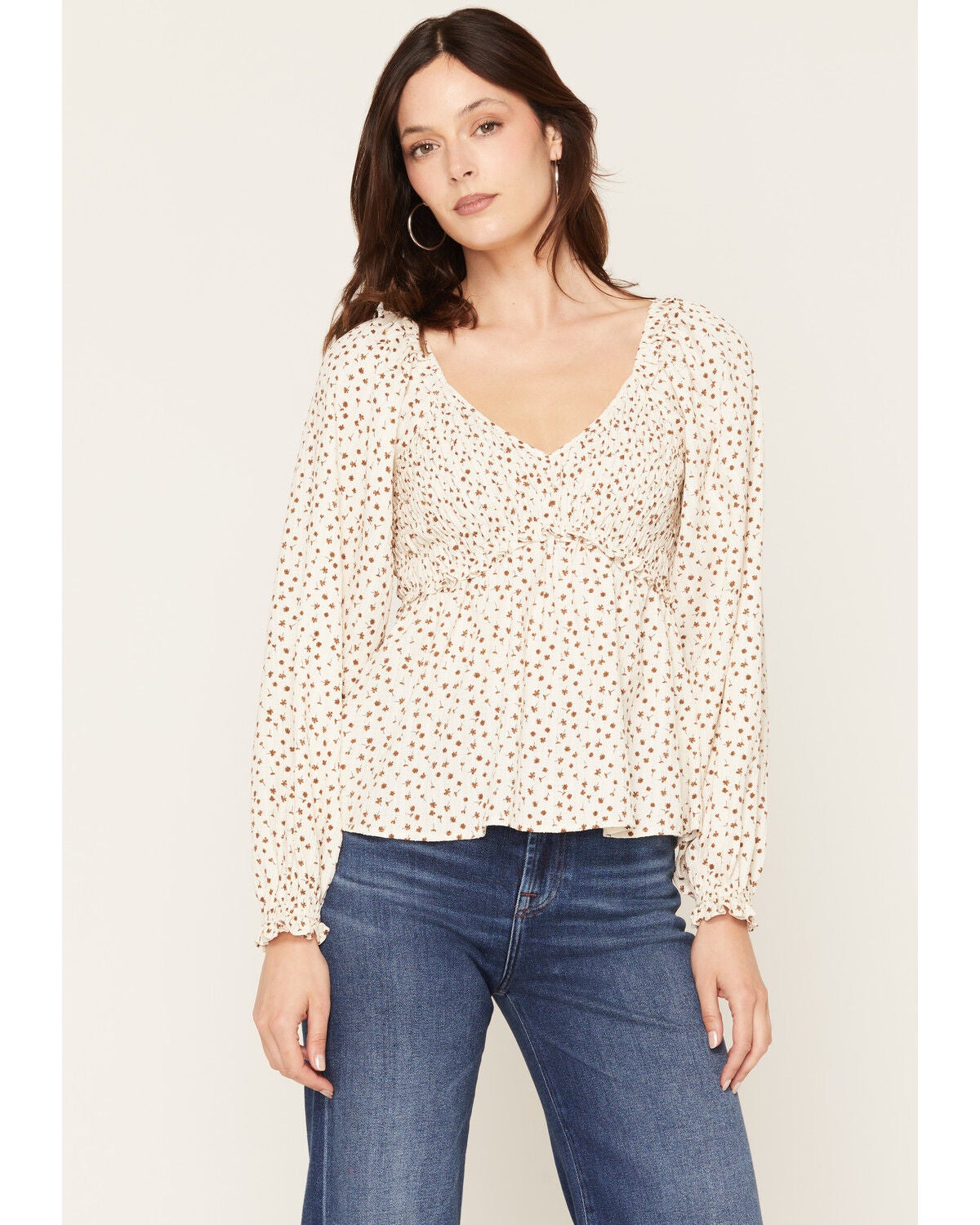 Yura Women's Floral Print Long Sleeve Shirt, Cream, hi-res