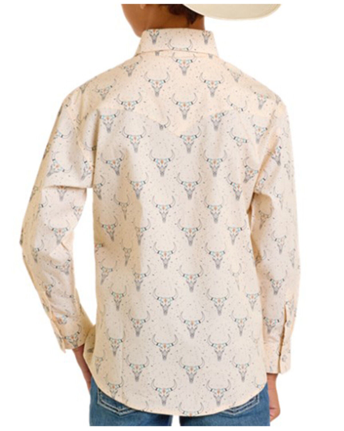 Image #2 - Rock & Roll Denim Boys' Longhorn Print Long Sleeve Snap Western Shirt, Tan, hi-res