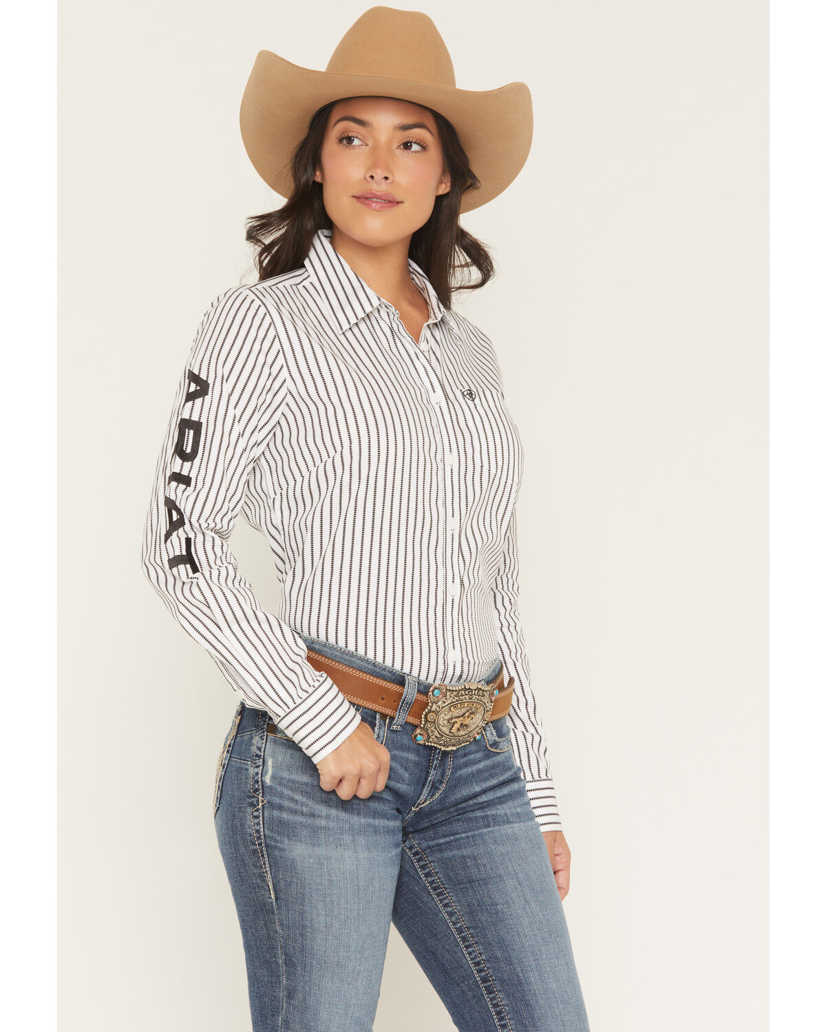 Image #2 - Ariat Women's Team Striped Long Sleeve Button-Down Stretch Western Shirt, Black/white, hi-res