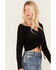 Rock & Roll Denim Women's Leopard Print Velvet Long Sleeve Cinch Crop Top, Black, hi-res