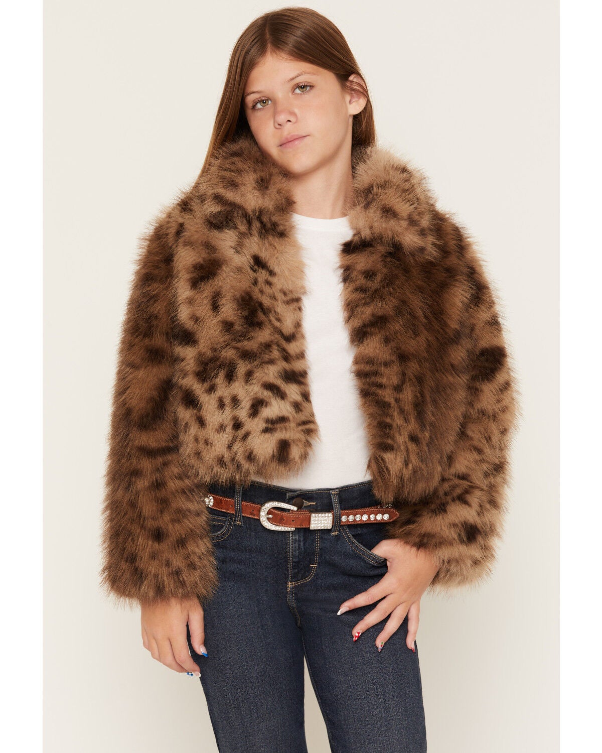 Shyanne Girls' Maggie Leopard Print Faux Fur Jacket, Leopard, hi-res