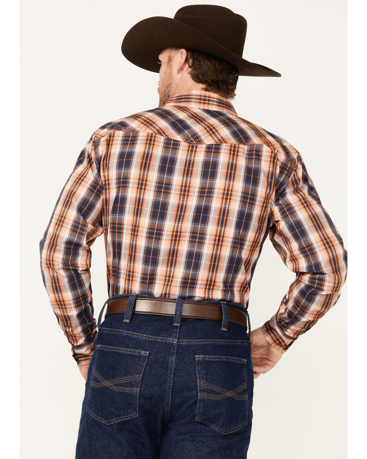 Image #4 - Cowboy Hardware Men's Hermosillo Plaid Print Long Sleeve Snap Western Shirt, Orange, hi-res