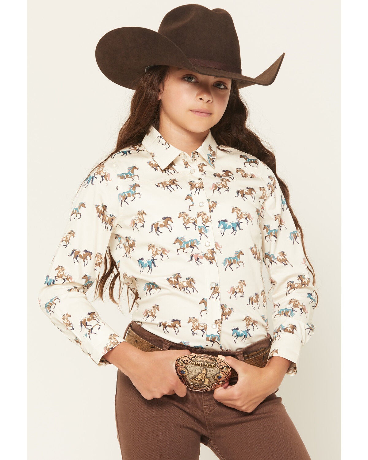 Shyanne Girls' Horse Print Long Sleeve Pearl Snap Stretch Western Shirt, Cream, hi-res