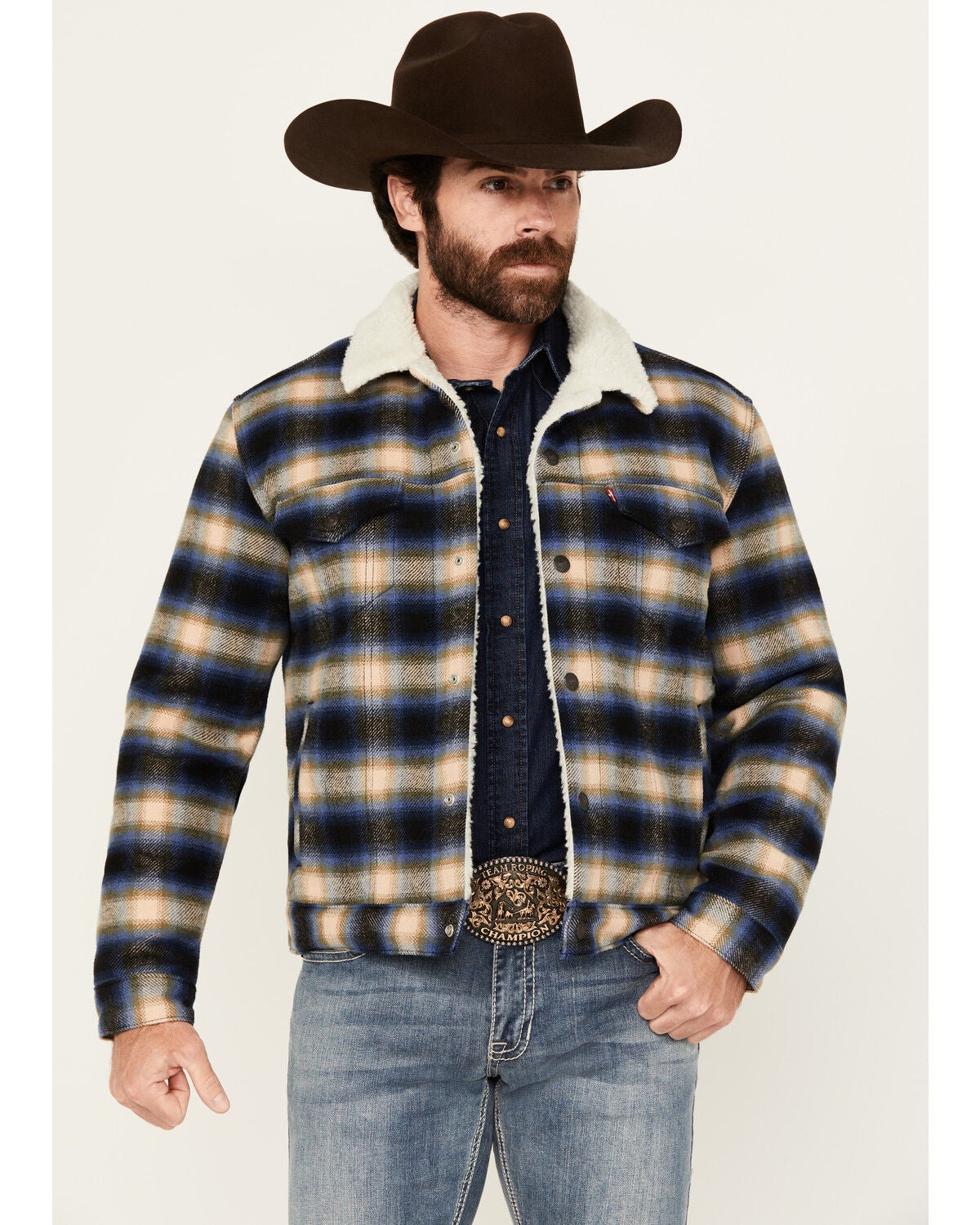 Levi's Men's Plaid Print Sherpa Lined Trucker Jacket, Blue, hi-res