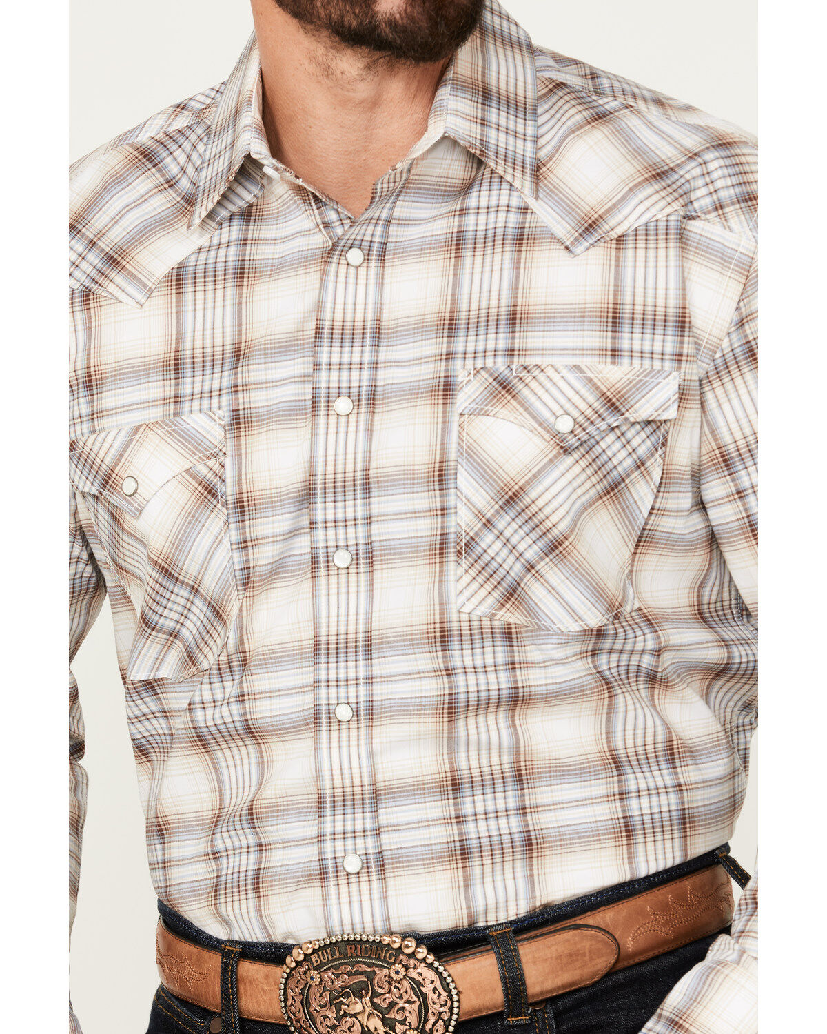 Image #3 - Rough Stock by Panhandle Men's Ombre Plaid Print Long Sleeve Snap Stretch Western Shirt, , hi-res